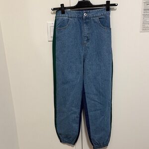 NWOT Woman’s Denim Jean Joggers with Blu & Green Stripe. Size Small.
